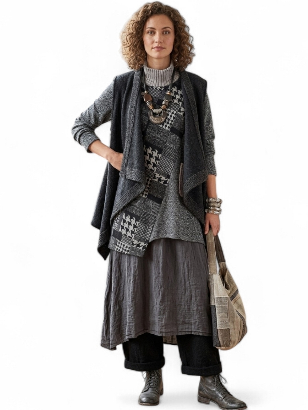 Trisha Tayler Mixed Media Houndstooth Lagenlook Knit Tunic Sweater SZ L